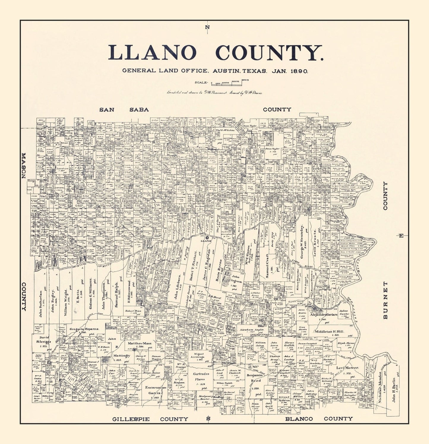 Vintage Map of Llano County, Texas 1890