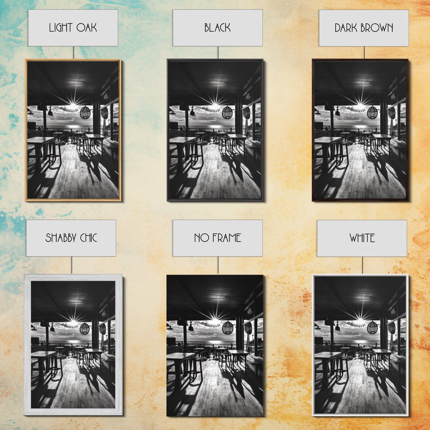 Ocean, Deck, Sunset, Rays - Golden hour beach bar shadows, Canvas Print, perfect dining room or kitchen wall art, rustic coastal decor