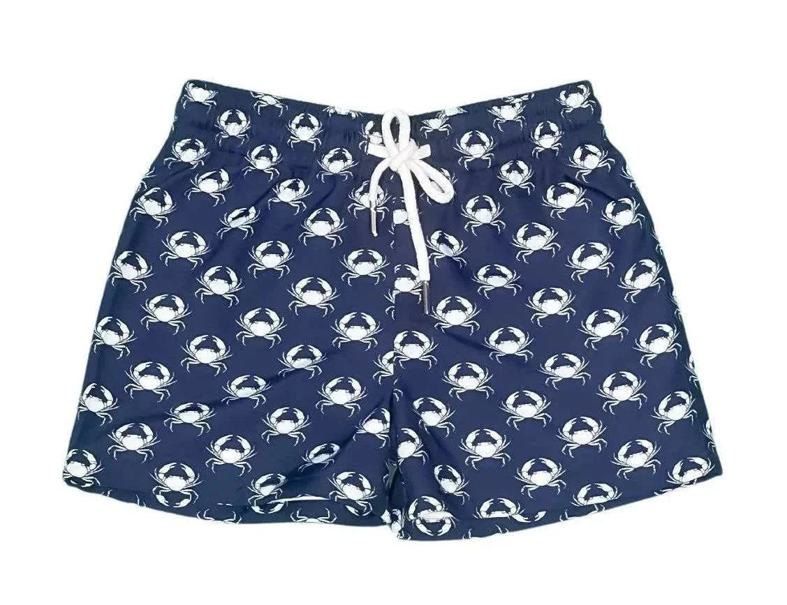 Saltwater Boys Company - SAINT SIMONS SHORTIES UPF 50+ NAVY/WHITE CRABS BOYS SWIM TRUNKS