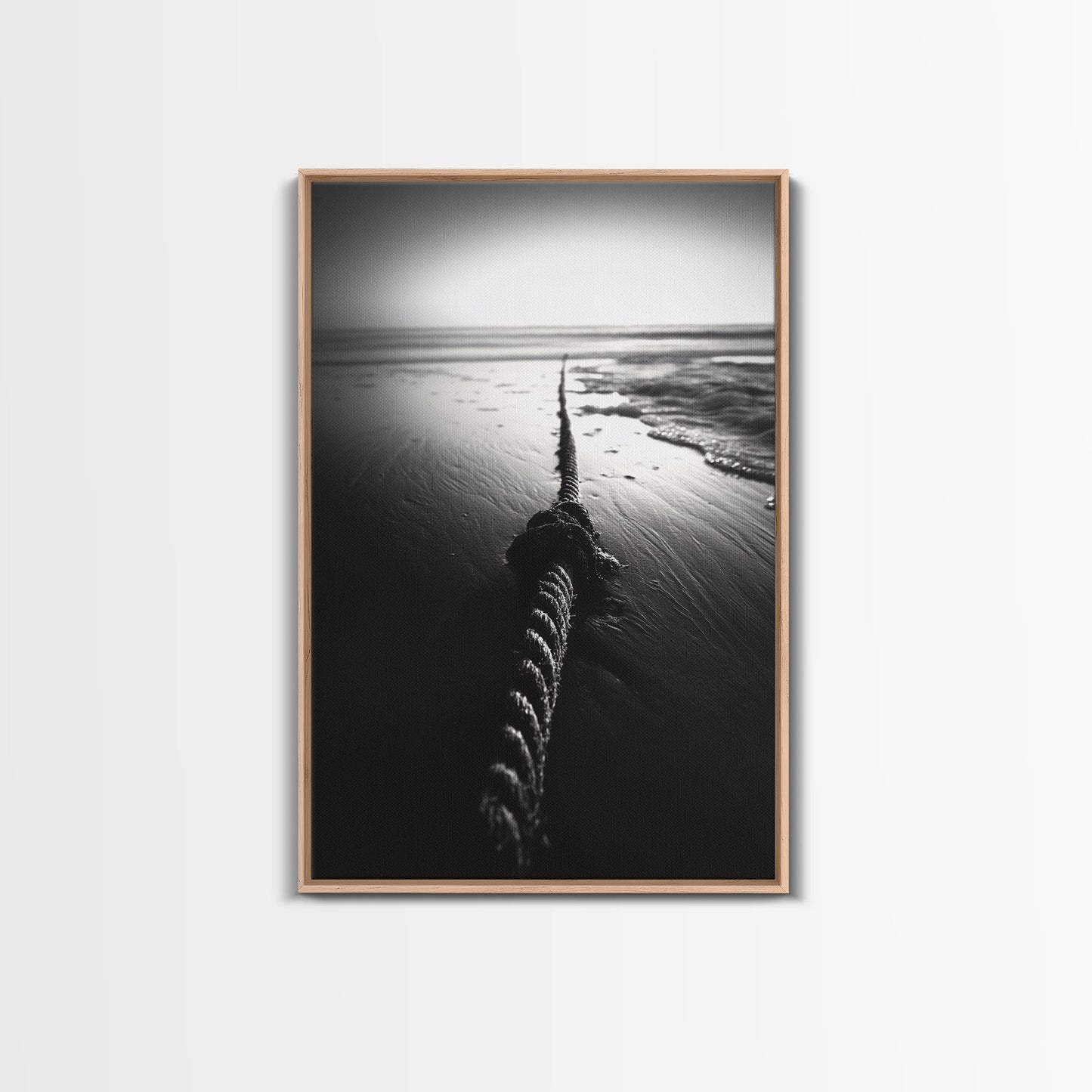 Ocean Rope Shore, Nautical Minimalism, Seaside Monochrome, Black and White Calm, Framed Canvas Print, Bedroom Wall Art, Coastal Decor