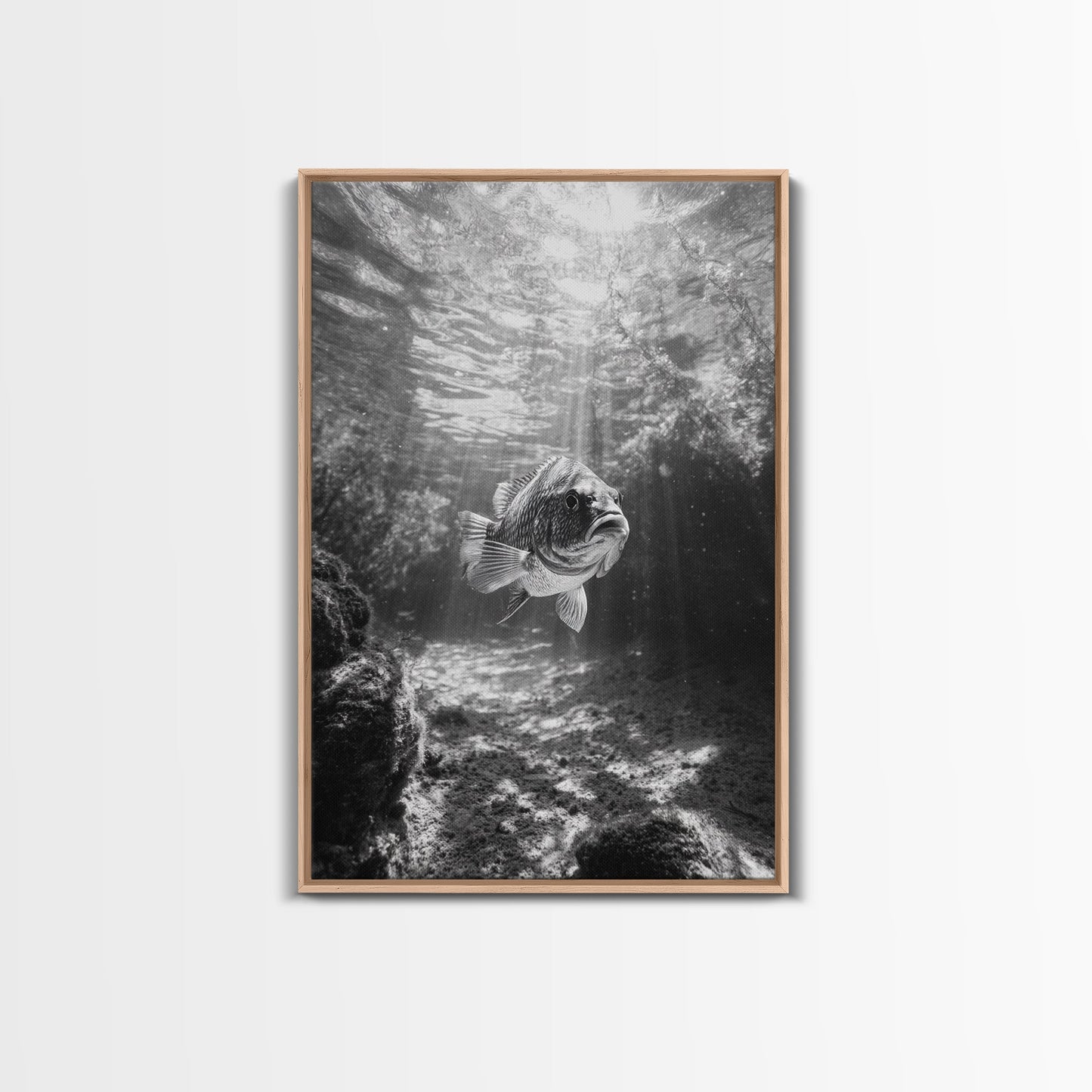 Sunlit Fish, Ocean Rays, Underwater Wonder, Tranquil Sea Life, Framed Canvas Print, Kids Room Decor, Coastal Art, Nautical Home Style