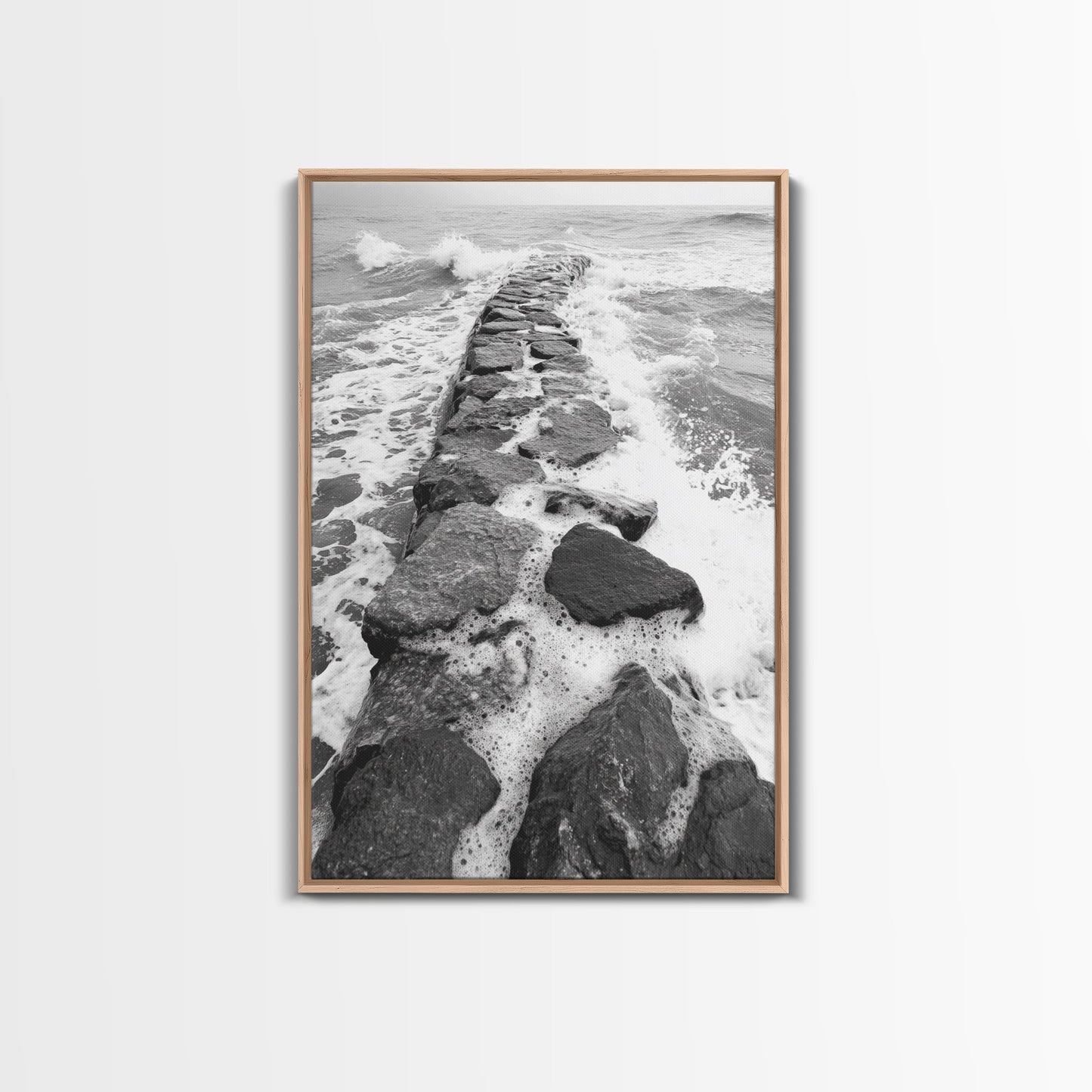 Rocky surf path, ocean jetty power, dramatic sea waves, black white beachscape, Canvas Print, bathroom wall art, nautical minimalist decor