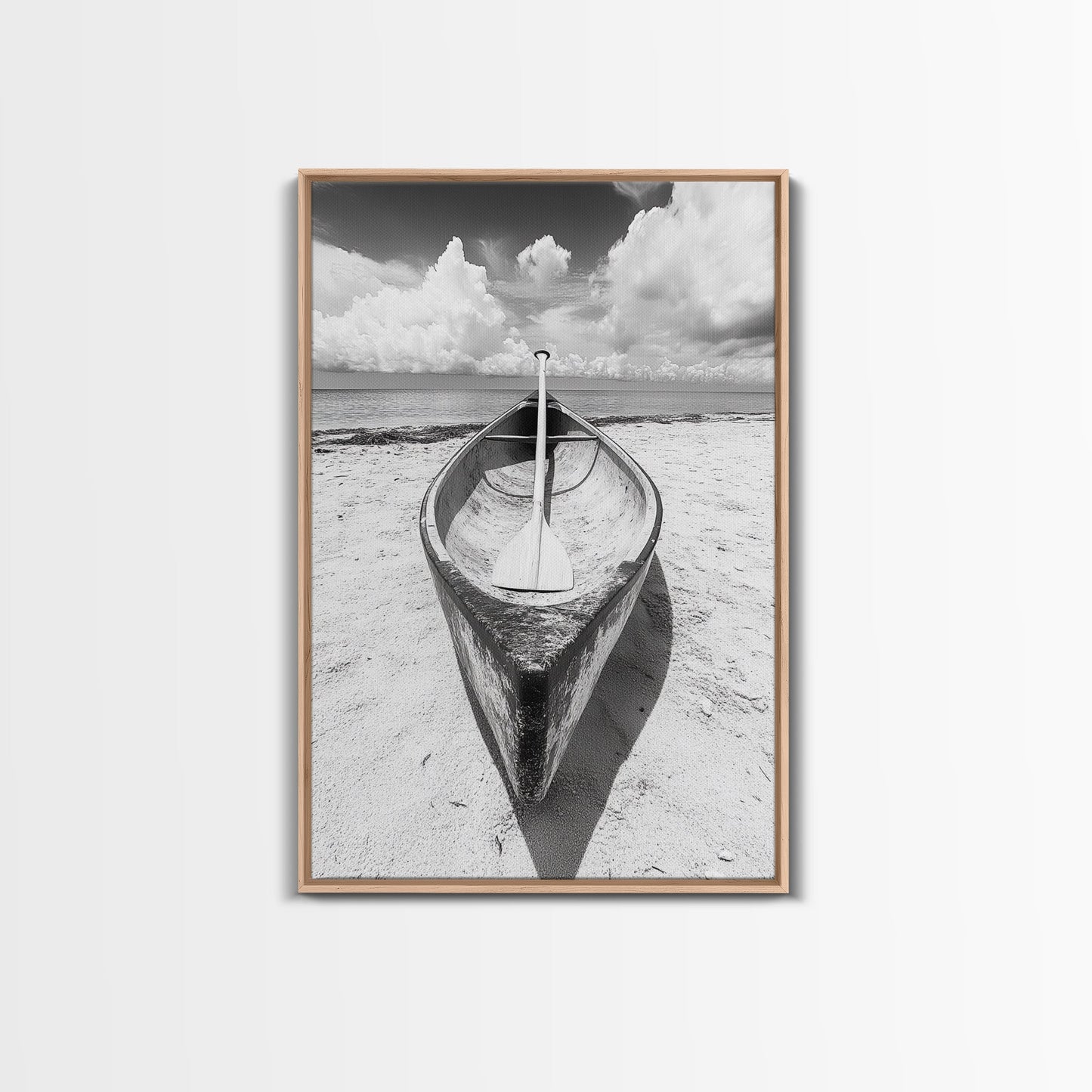 Paddle, Canoe, Beach, Clouds - Summer boating scene, Canvas Print, ideal bathroom or guestroom nautical art, rustic coastal boho wall decor