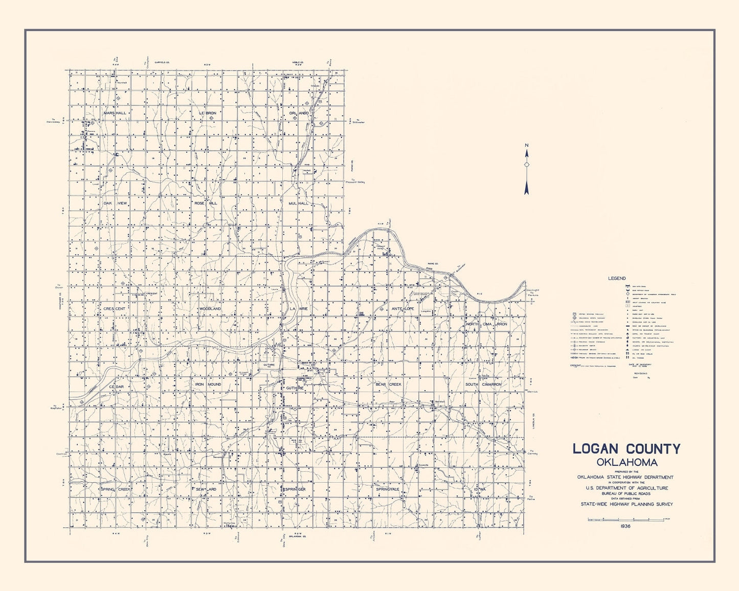 Vintage Map of Logan County, Oklahoma 1936