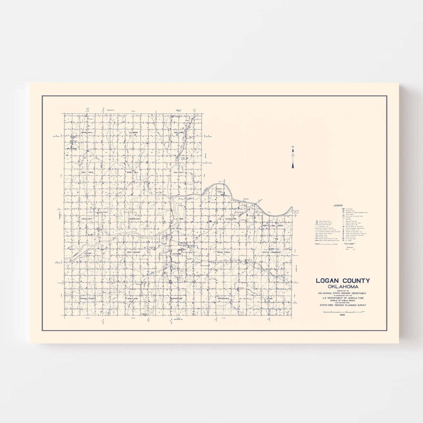 Vintage Map of Logan County, Oklahoma 1936