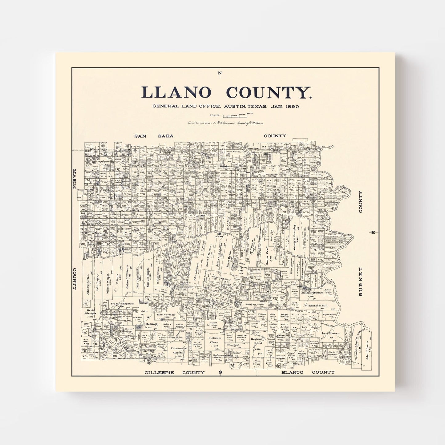 Vintage Map of Llano County, Texas 1890