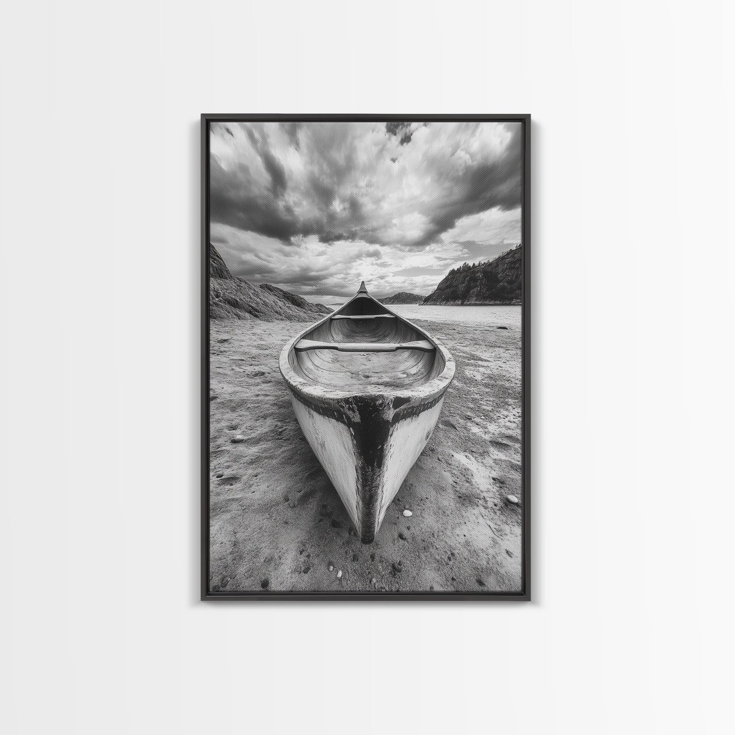 Canoe, Shoreline, Dramatic, Sky - canoe landscape Canvas Print, rustic wall art, entryway decor, nature photography, monochrome mountain