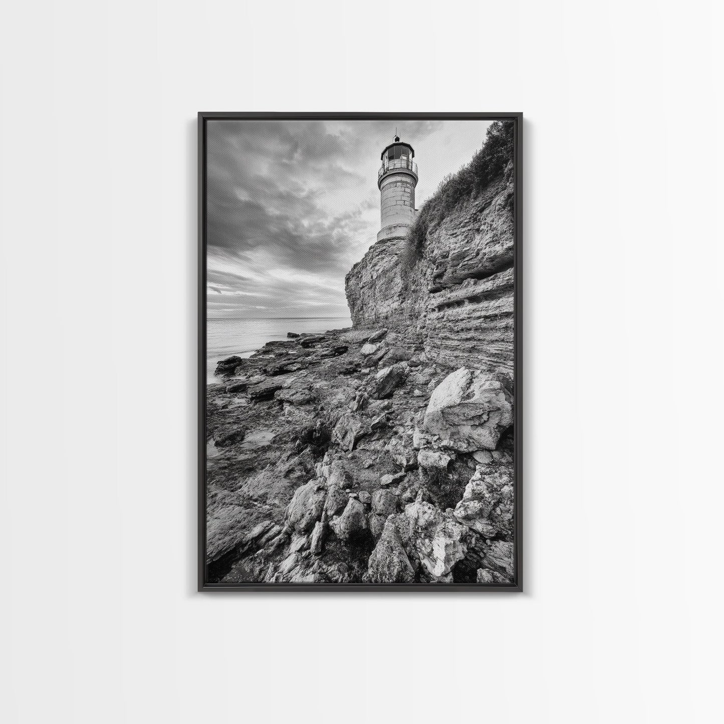 Lighthouse Beacon, Rocky Shoreline, Nautical Coastal Scene, Framed Canvas Print, Ocean View Art, Seaside Living Room Wall Decor