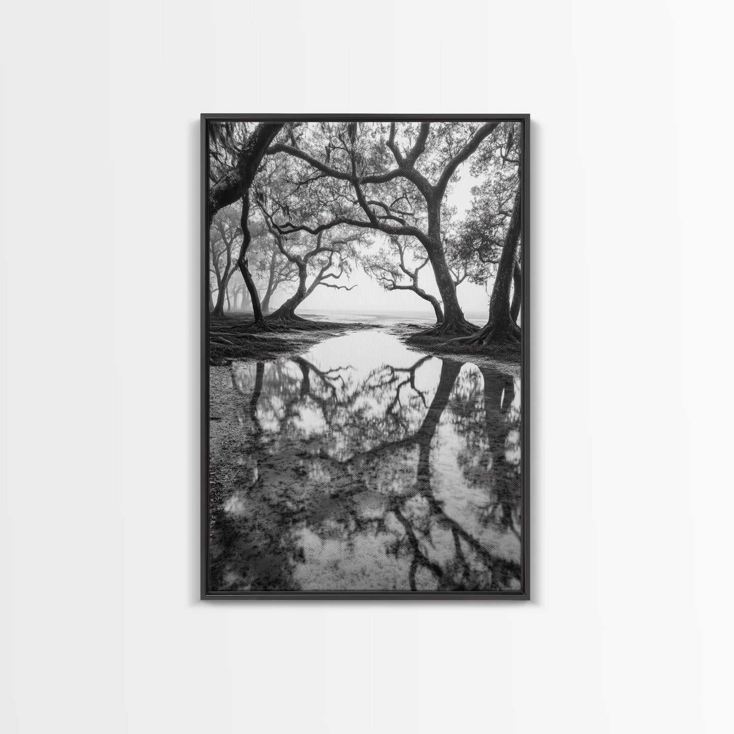 Misty Forest Trees, Reflection Photography, Nature Landscape, Canvas Print, Neutral Tones, Bedroom Wall Decor, Moody Autumn Forest Art