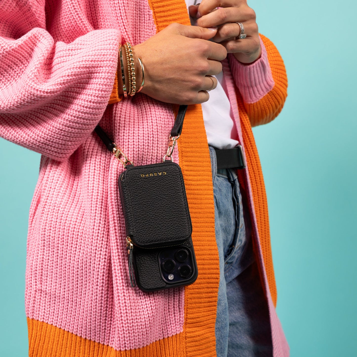 iPhone Case and Wallet with Long Strap - Black