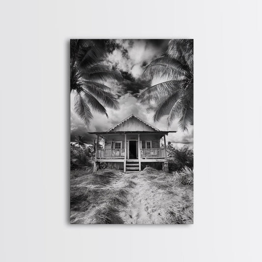 Tropical Shack, Palm Cottage, Beach House, Framed Canvas Print, Rustic Coastal Wall Art, Living Room Decor, Island Home Vibe