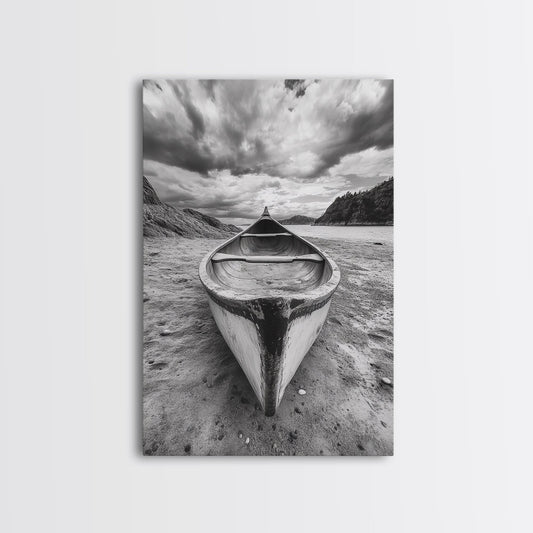 Canoe, Shoreline, Dramatic, Sky - canoe landscape Canvas Print, rustic wall art, entryway decor, nature photography, monochrome mountain