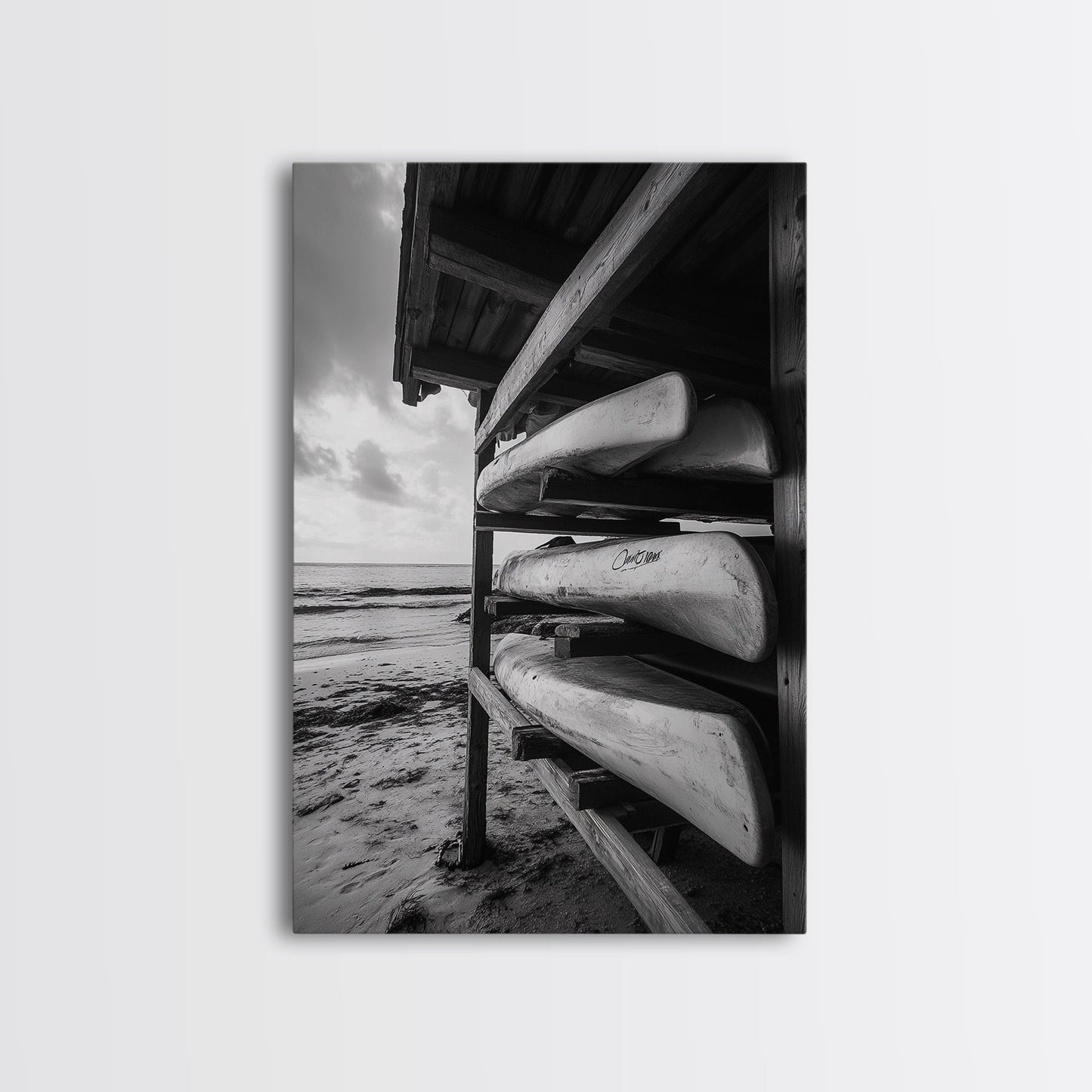 Canoes, Rack, Ocean, Shelter - Surf shack vibes with coastal canoe stack, Framed Canvas Print, great beach house or boho hallway art, grayscale
