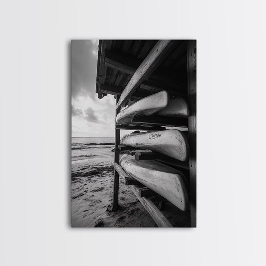 Canoes, Rack, Ocean, Shelter - Surf shack vibes with coastal canoe stack, Framed Canvas Print, great beach house or boho hallway art, grayscale