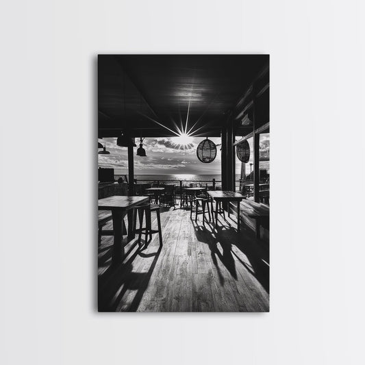 Ocean, Deck, Sunset, Rays - Golden hour beach bar shadows, Canvas Print, perfect dining room or kitchen wall art, rustic coastal decor