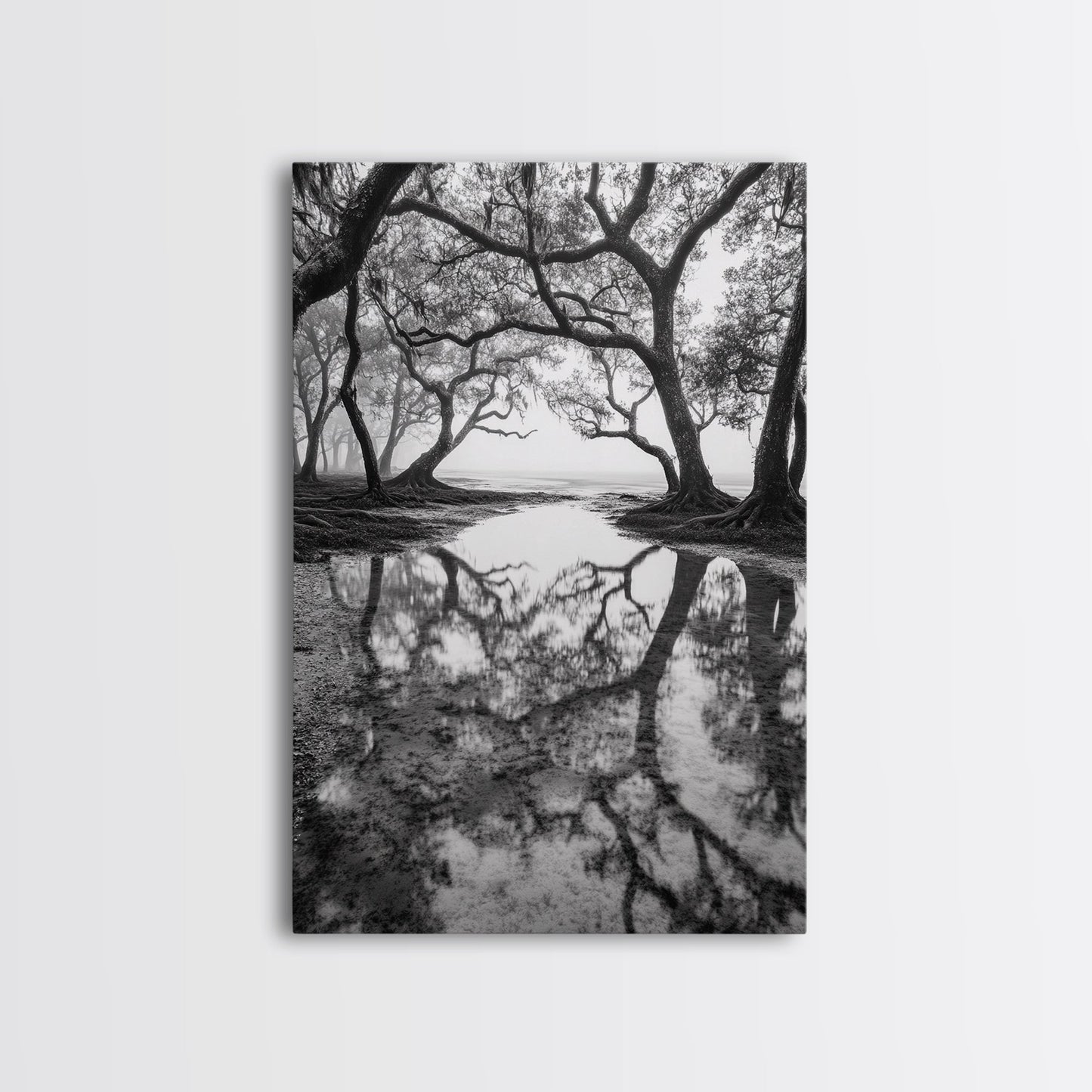 Misty Forest Trees, Reflection Photography, Nature Landscape, Canvas Print, Neutral Tones, Bedroom Wall Decor, Moody Autumn Forest Art