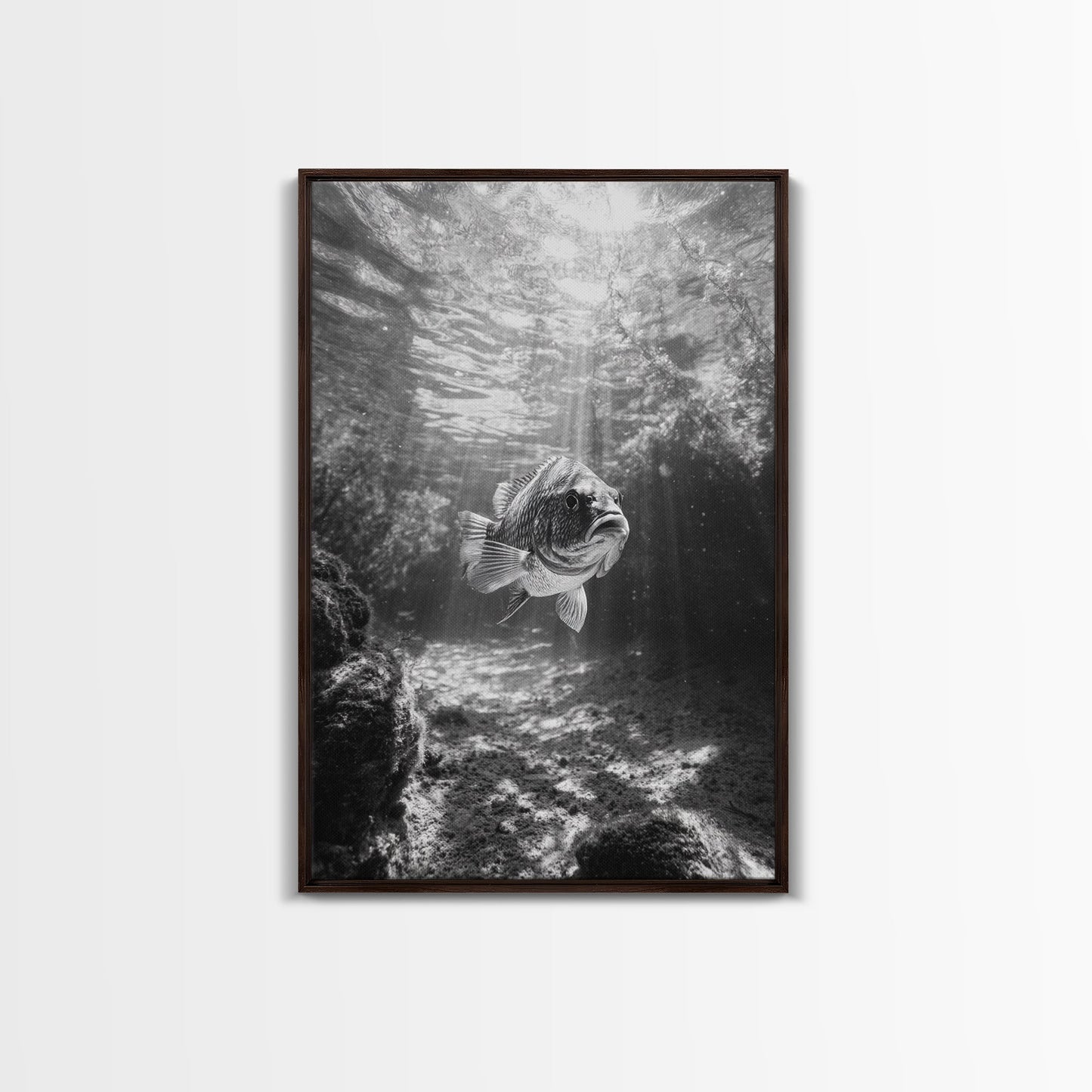 Sunlit Fish, Ocean Rays, Underwater Wonder, Tranquil Sea Life, Framed Canvas Print, Kids Room Decor, Coastal Art, Nautical Home Style