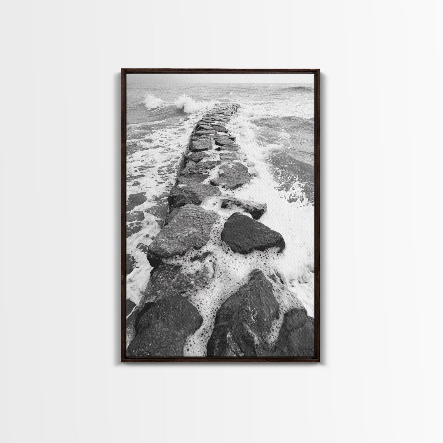 Rocky surf path, ocean jetty power, dramatic sea waves, black white beachscape, Canvas Print, bathroom wall art, nautical minimalist decor