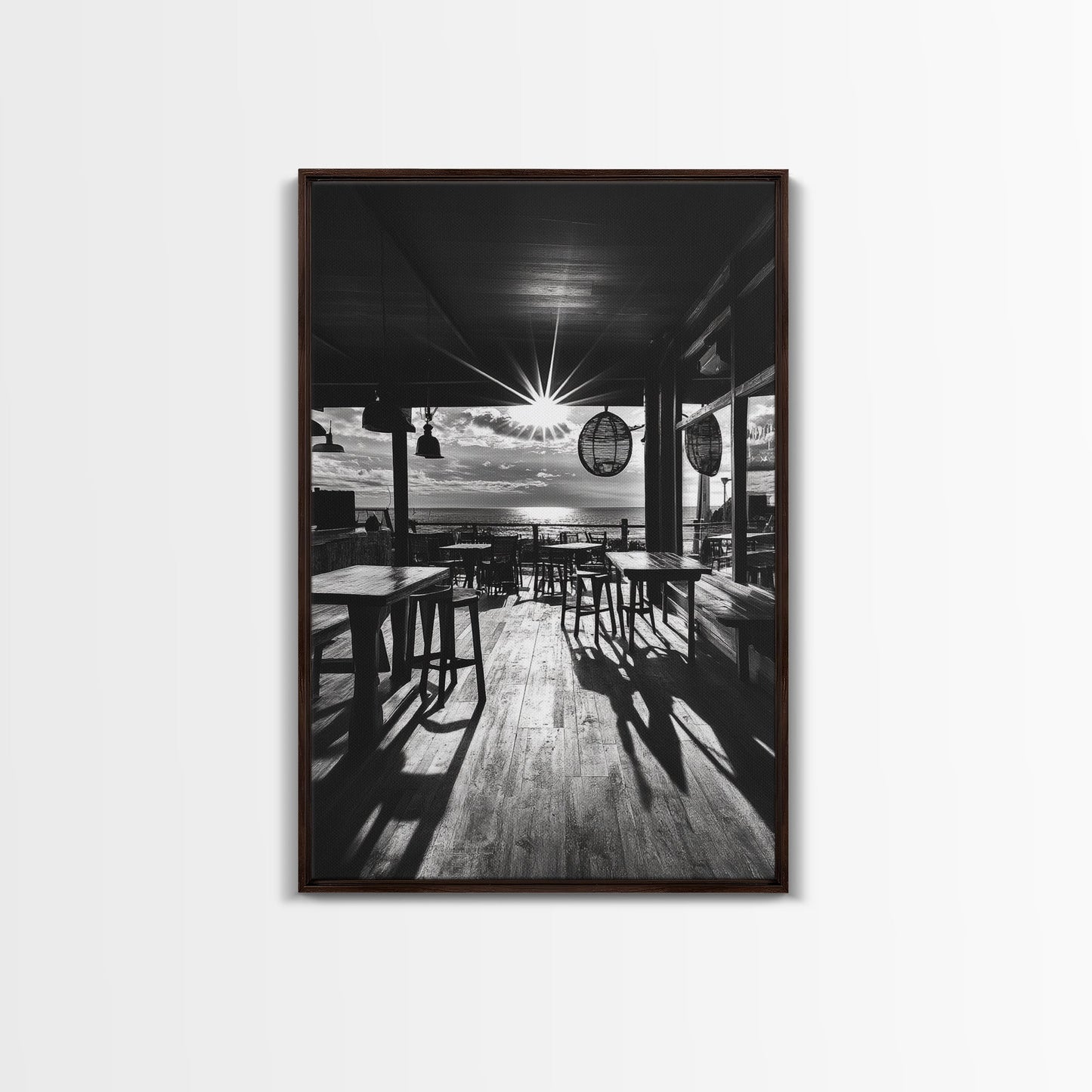 Ocean, Deck, Sunset, Rays - Golden hour beach bar shadows, Canvas Print, perfect dining room or kitchen wall art, rustic coastal decor