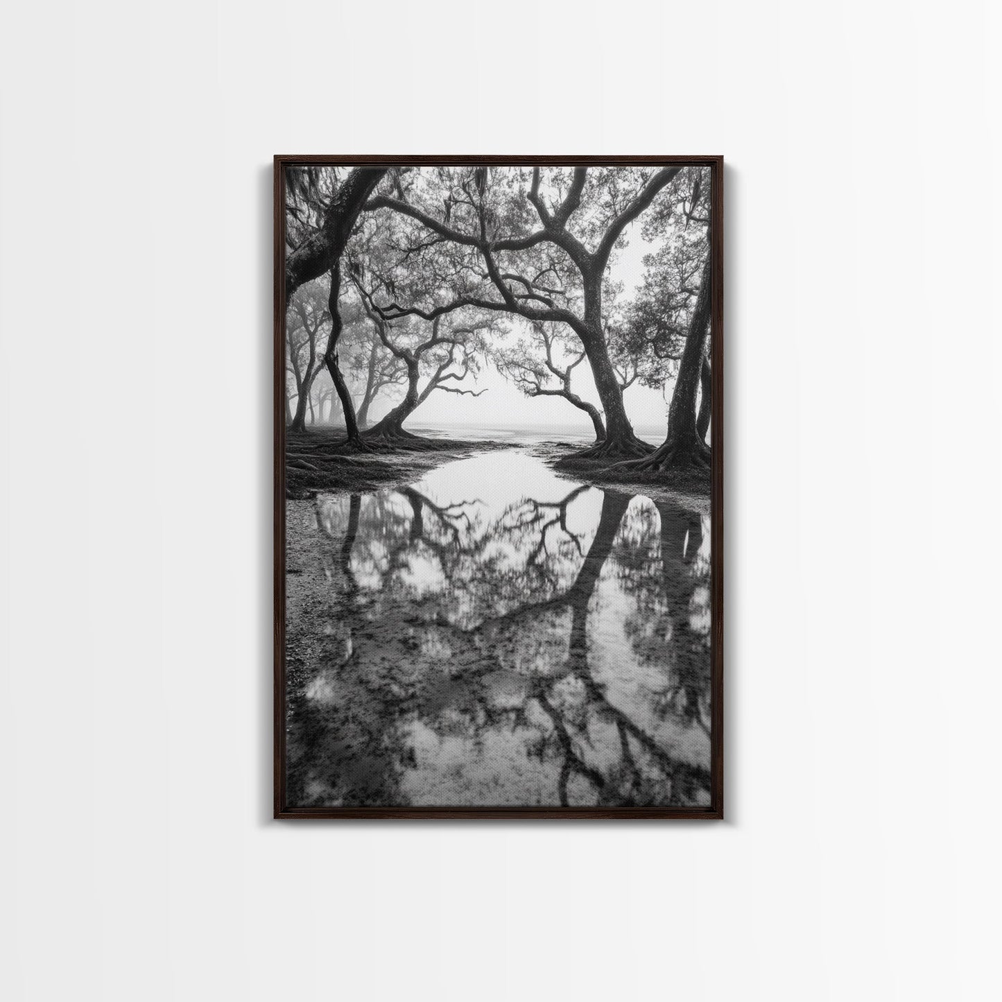 Misty Forest Trees, Reflection Photography, Nature Landscape, Canvas Print, Neutral Tones, Bedroom Wall Decor, Moody Autumn Forest Art