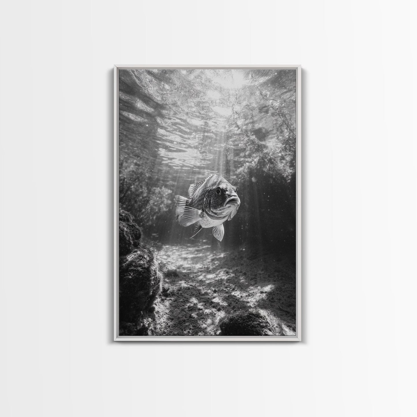 Sunlit Fish, Ocean Rays, Underwater Wonder, Tranquil Sea Life, Framed Canvas Print, Kids Room Decor, Coastal Art, Nautical Home Style