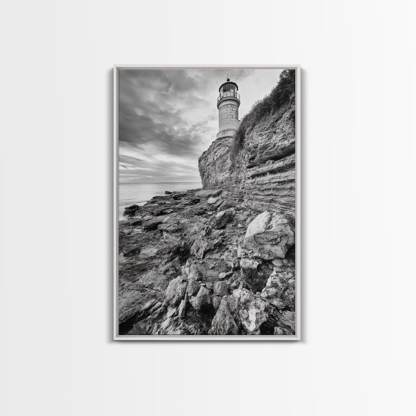 Lighthouse Beacon, Rocky Shoreline, Nautical Coastal Scene, Framed Canvas Print, Ocean View Art, Seaside Living Room Wall Decor