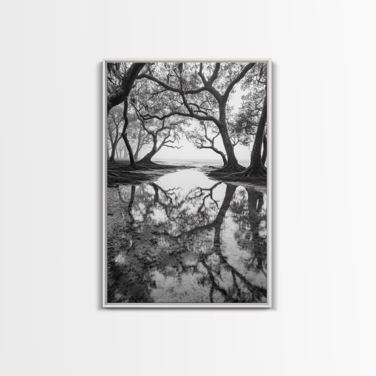 Misty Forest Trees, Reflection Photography, Nature Landscape, Canvas Print, Neutral Tones, Bedroom Wall Decor, Moody Autumn Forest Art