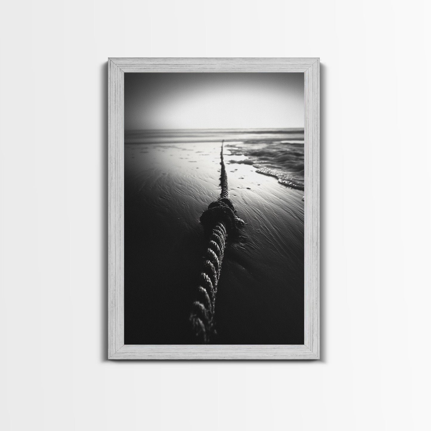 Ocean Rope Shore, Nautical Minimalism, Seaside Monochrome, Black and White Calm, Framed Canvas Print, Bedroom Wall Art, Coastal Decor