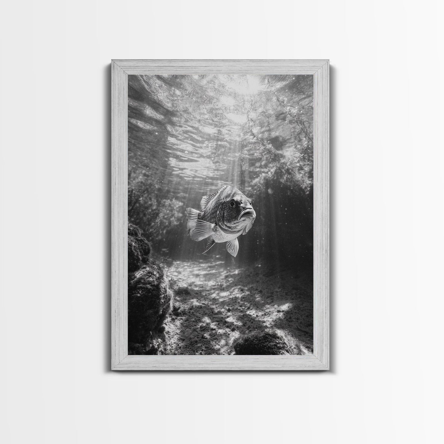 Sunlit Fish, Ocean Rays, Underwater Wonder, Tranquil Sea Life, Framed Canvas Print, Kids Room Decor, Coastal Art, Nautical Home Style