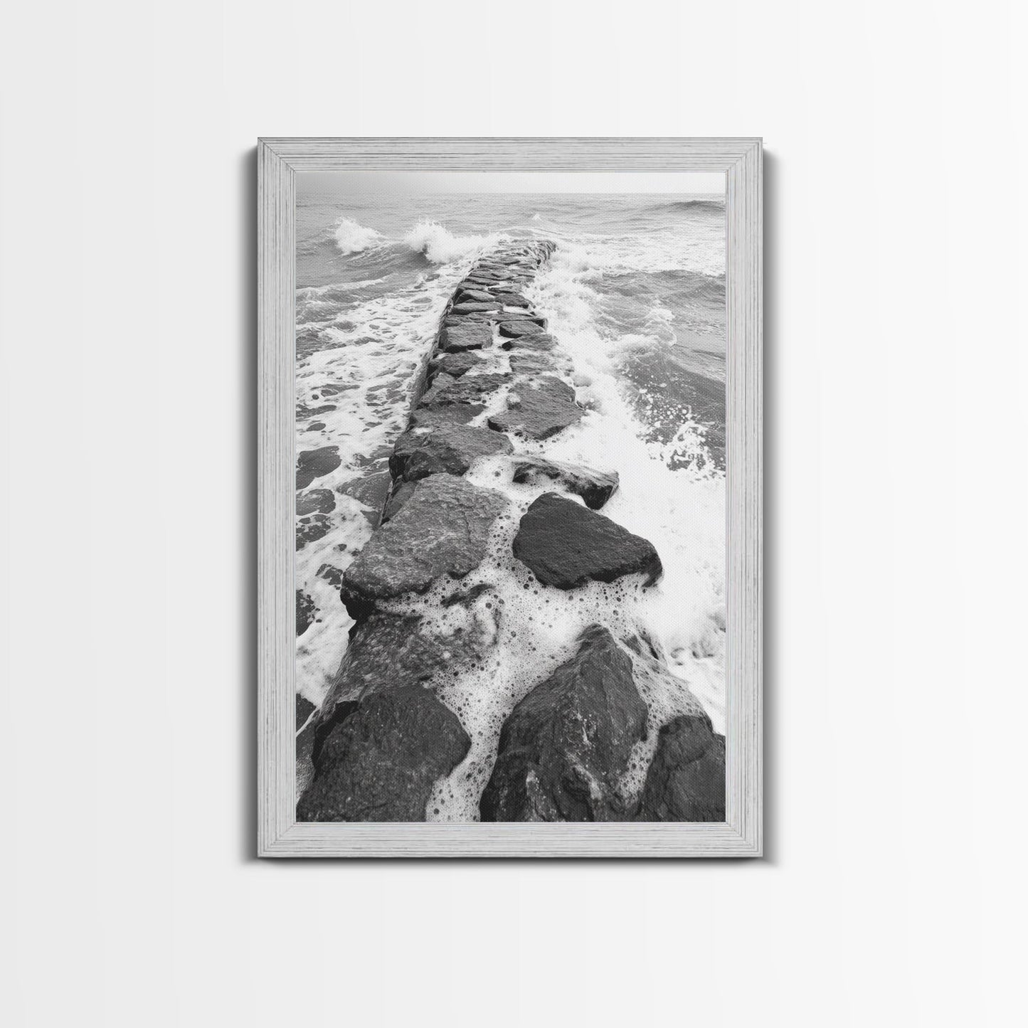 Rocky surf path, ocean jetty power, dramatic sea waves, black white beachscape, Canvas Print, bathroom wall art, nautical minimalist decor