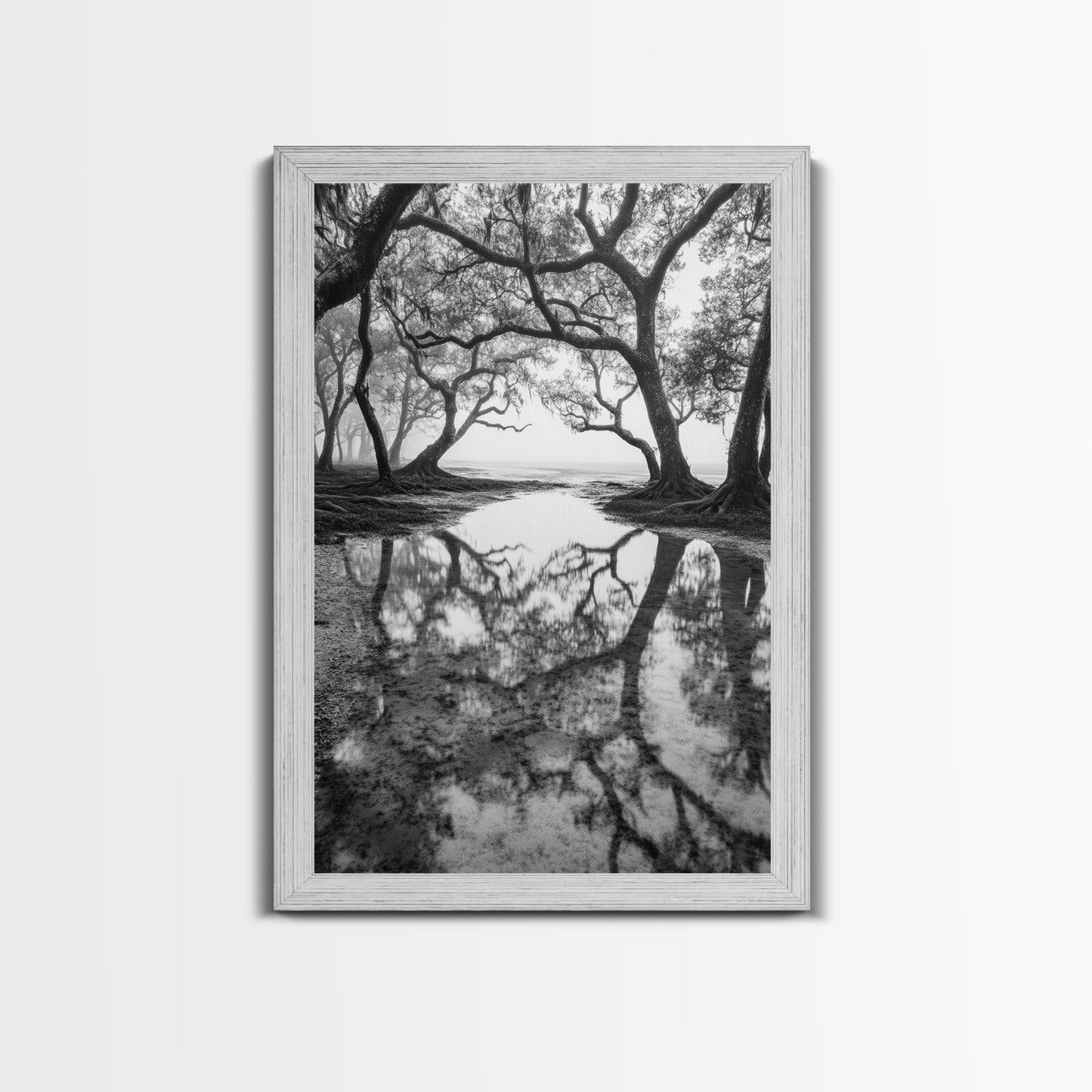 Misty Forest Trees, Reflection Photography, Nature Landscape, Canvas Print, Neutral Tones, Bedroom Wall Decor, Moody Autumn Forest Art