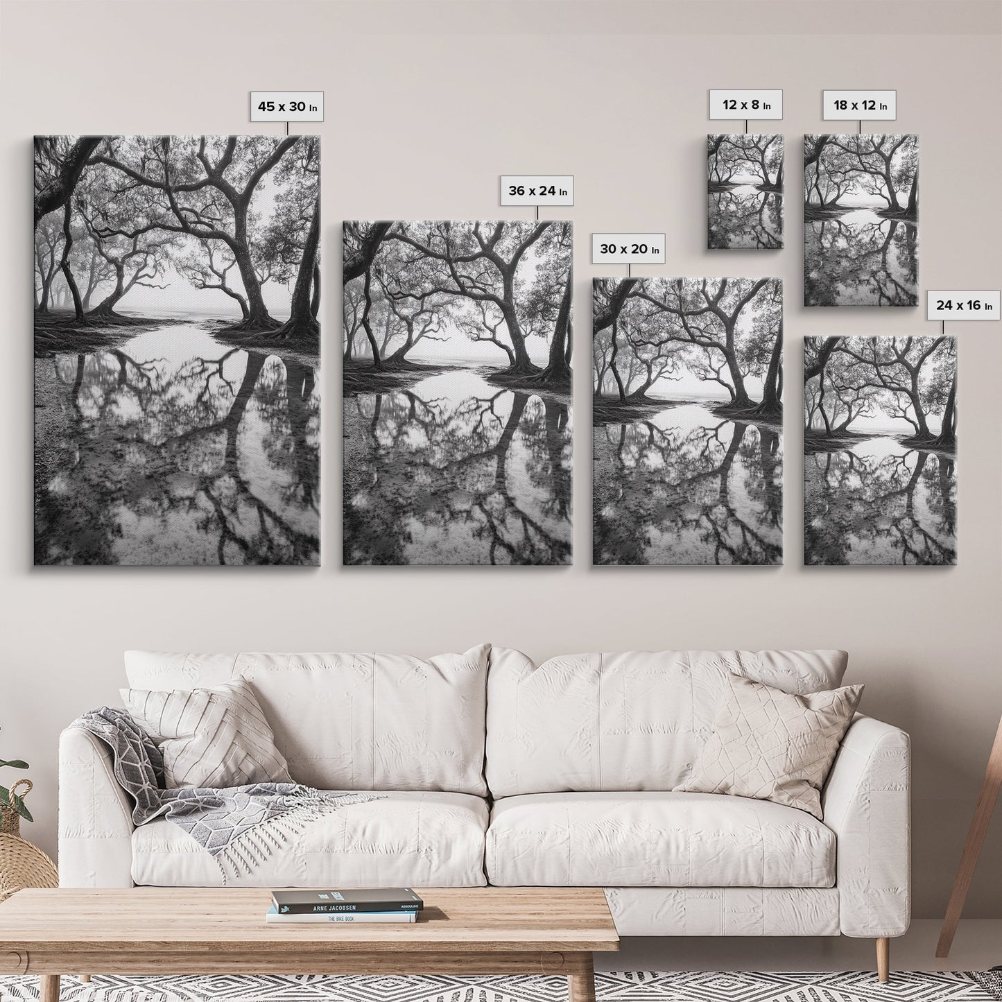 Misty Forest Trees, Reflection Photography, Nature Landscape, Canvas Print, Neutral Tones, Bedroom Wall Decor, Moody Autumn Forest Art