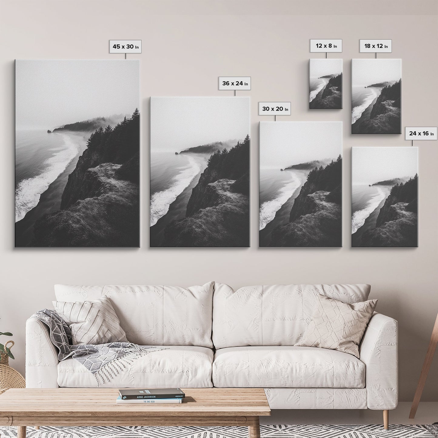 Misty Coastline, Pine Forest, Foggy Morning, Framed Canvas Print, Moody Nature Decor, Living Room Wall Art, Monochrome Style