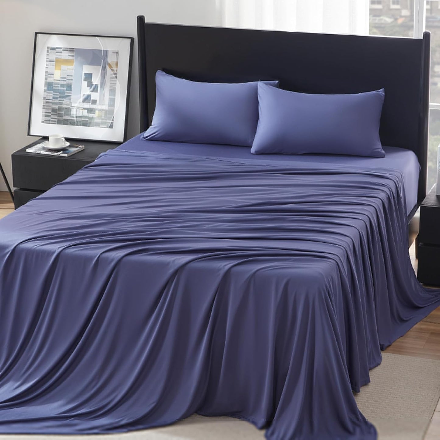 100% Microfiber Jersey Knit Sheet Set with Pillowcases-Navy