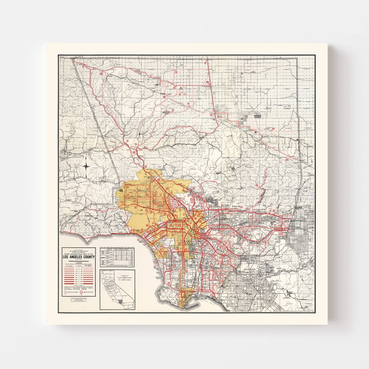 Vintage Map of Los Angeles County, California 1935