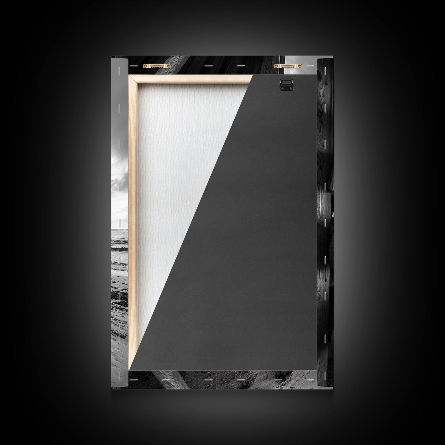 Canoes, Rack, Ocean, Shelter - Surf shack vibes with coastal canoe stack, Framed Canvas Print, great beach house or boho hallway art, grayscale