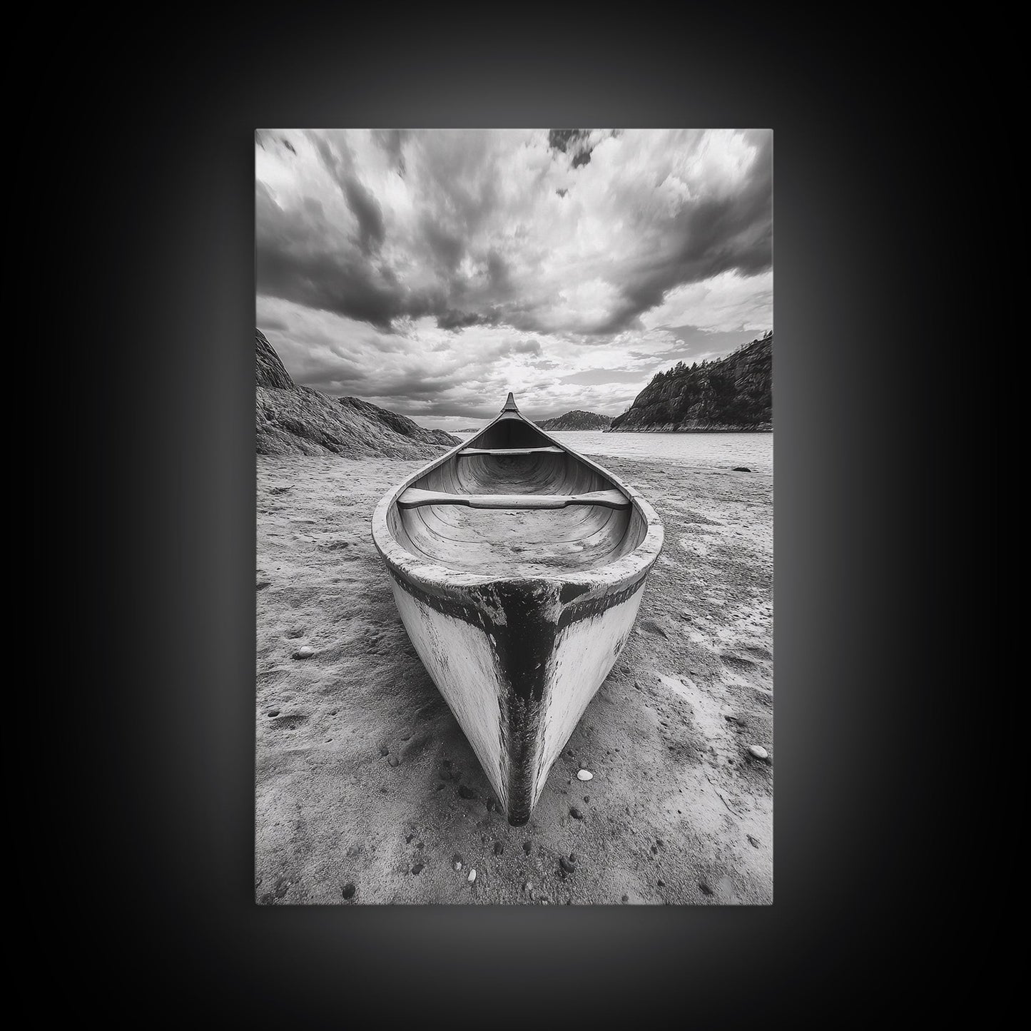 Canoe, Shoreline, Dramatic, Sky - canoe landscape Canvas Print, rustic wall art, entryway decor, nature photography, monochrome mountain