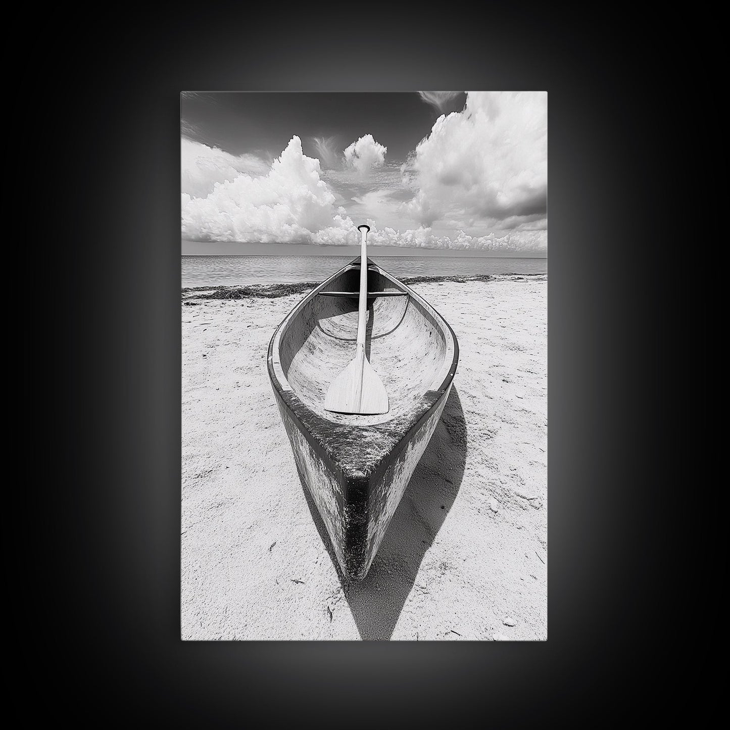 Paddle, Canoe, Beach, Clouds - Summer boating scene, Canvas Print, ideal bathroom or guestroom nautical art, rustic coastal boho wall decor