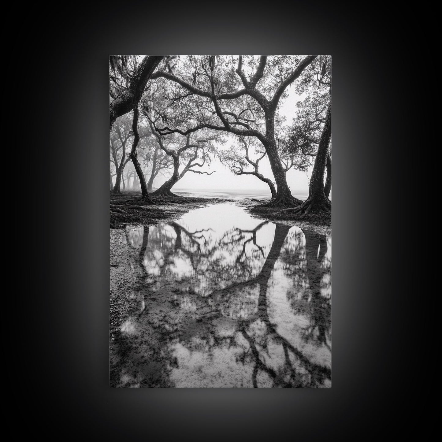 Misty Forest Trees, Reflection Photography, Nature Landscape, Canvas Print, Neutral Tones, Bedroom Wall Decor, Moody Autumn Forest Art