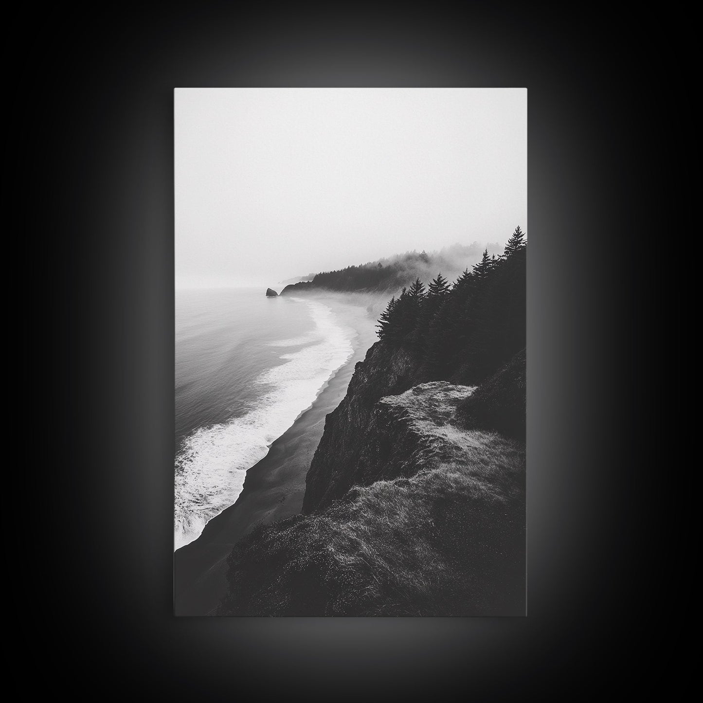 Misty Coastline, Pine Forest, Foggy Morning, Framed Canvas Print, Moody Nature Decor, Living Room Wall Art, Monochrome Style