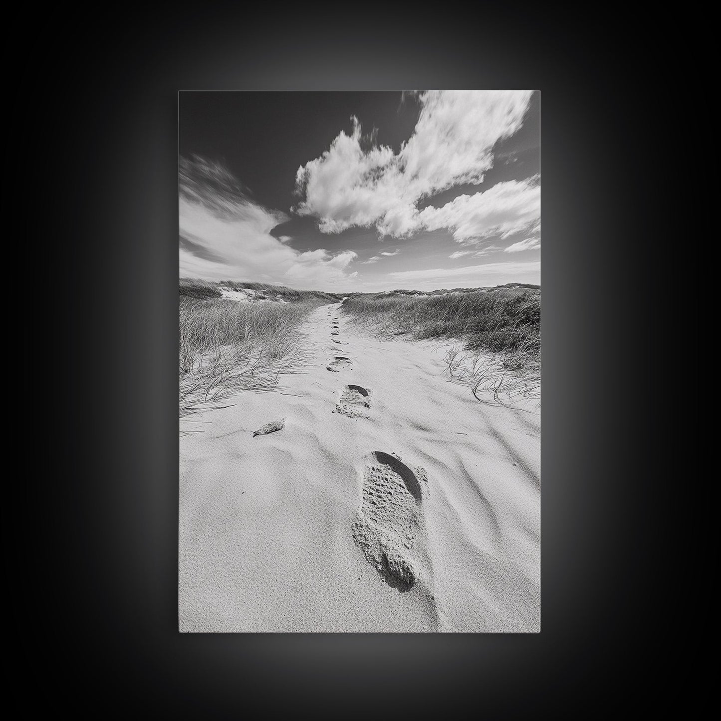 Desert Footprints Path, Dune Art, Wanderlust Vibes, Monochrome Landscape, Framed Canvas Print, Bedroom Wall Decor, Minimalist Travel