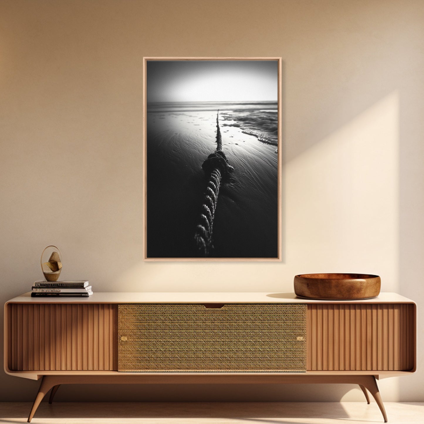 Ocean Rope Shore, Nautical Minimalism, Seaside Monochrome, Black and White Calm, Framed Canvas Print, Bedroom Wall Art, Coastal Decor