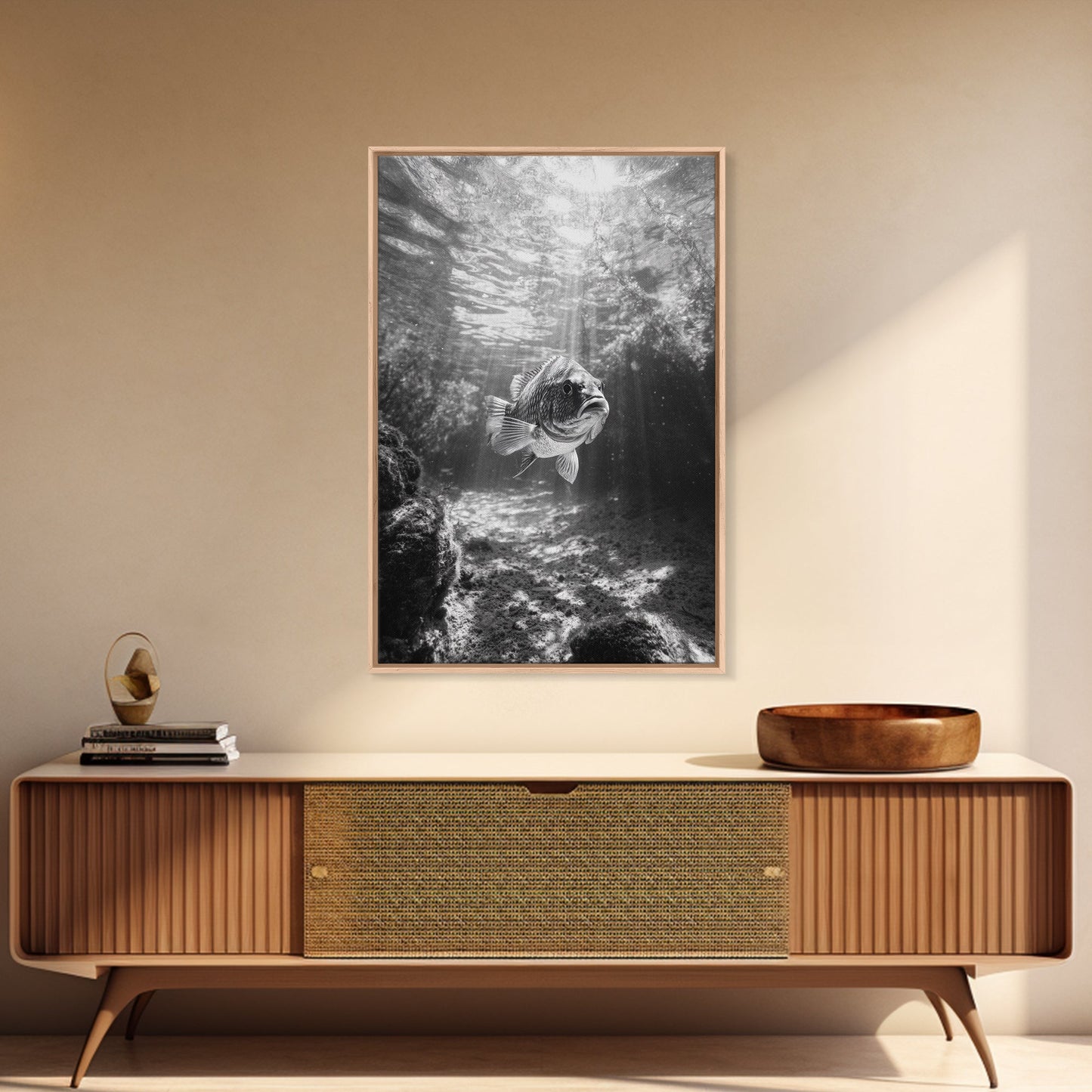 Sunlit Fish, Ocean Rays, Underwater Wonder, Tranquil Sea Life, Framed Canvas Print, Kids Room Decor, Coastal Art, Nautical Home Style