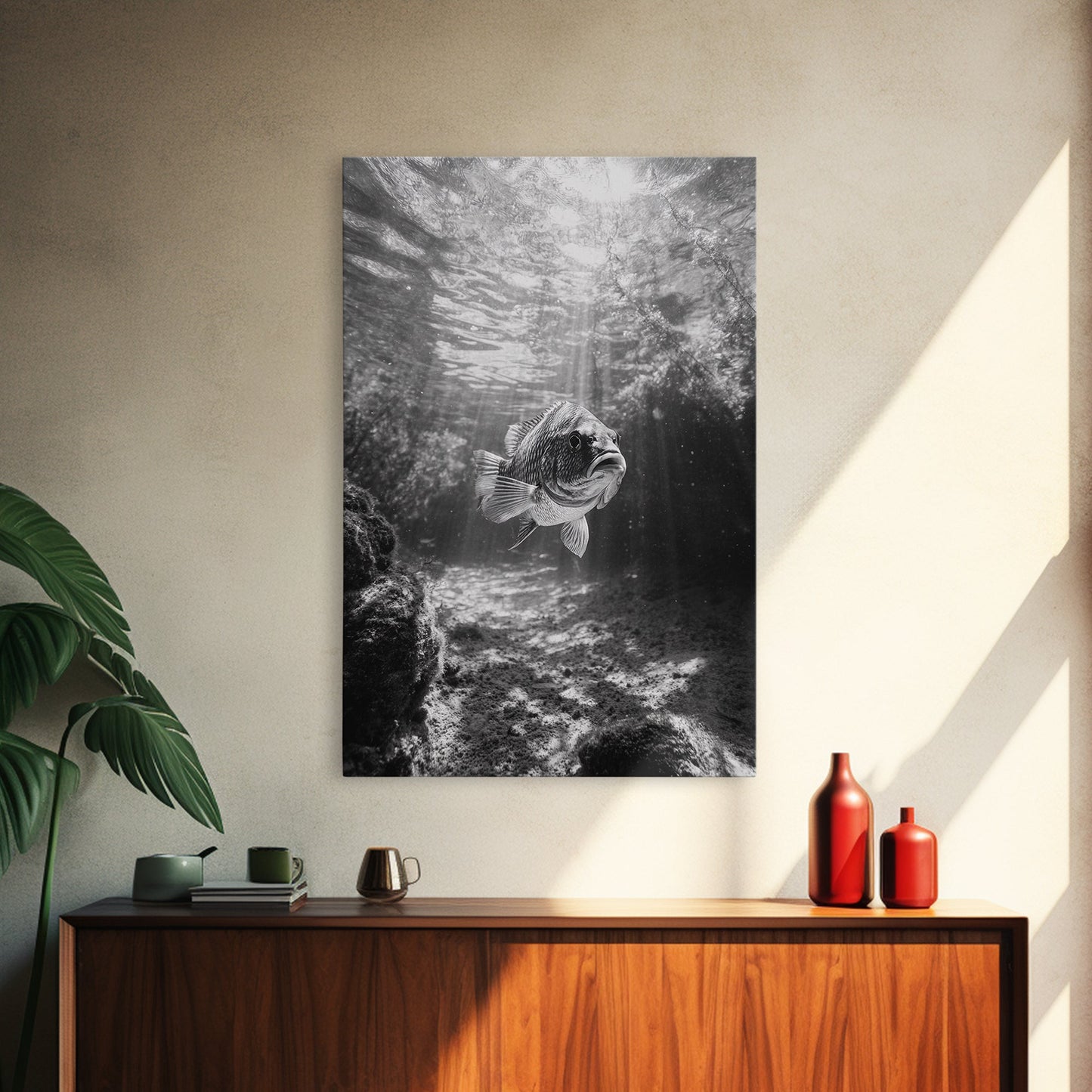 Sunlit Fish, Ocean Rays, Underwater Wonder, Tranquil Sea Life, Framed Canvas Print, Kids Room Decor, Coastal Art, Nautical Home Style