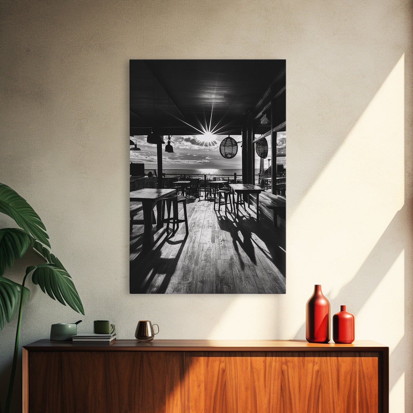 Ocean, Deck, Sunset, Rays - Golden hour beach bar shadows, Canvas Print, perfect dining room or kitchen wall art, rustic coastal decor