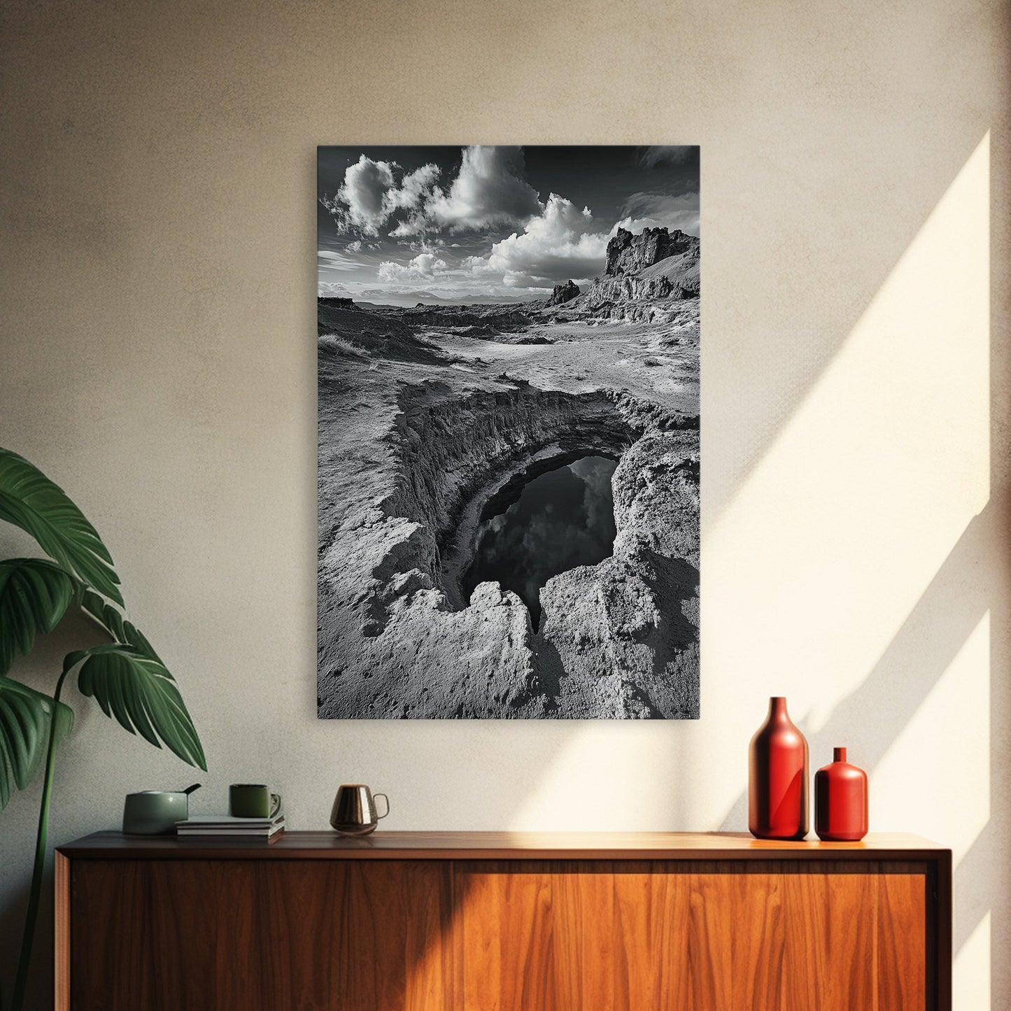 Desert Crater Scene, Surreal Landscape Art, Earth Tone Vibe, Minimalist Nature, Framed Canvas Print, Office Wall Decor, Modern Western Style