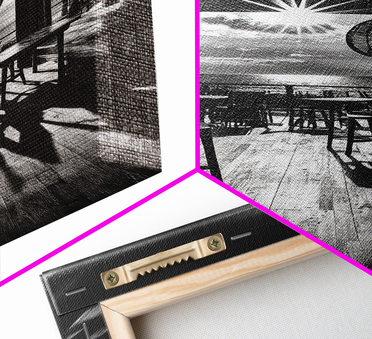 Ocean, Deck, Sunset, Rays - Golden hour beach bar shadows, Canvas Print, perfect dining room or kitchen wall art, rustic coastal decor