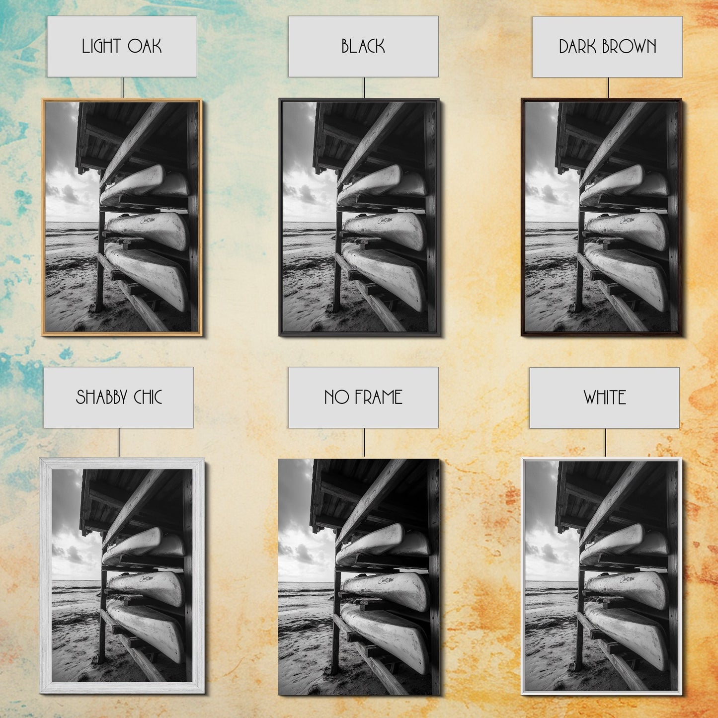 Canoes, Rack, Ocean, Shelter - Surf shack vibes with coastal canoe stack, Framed Canvas Print, great beach house or boho hallway art, grayscale