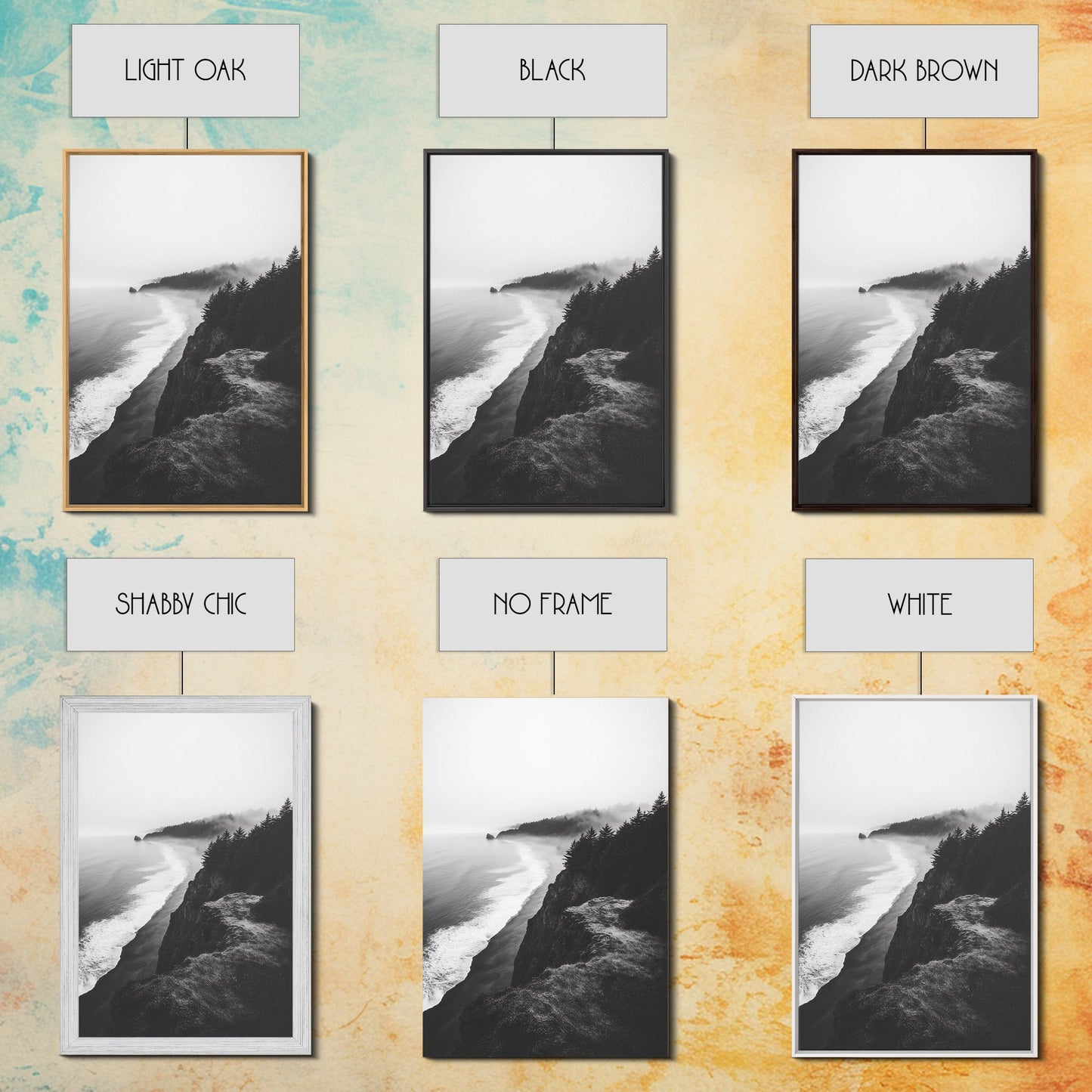 Misty Coastline, Pine Forest, Foggy Morning, Framed Canvas Print, Moody Nature Decor, Living Room Wall Art, Monochrome Style