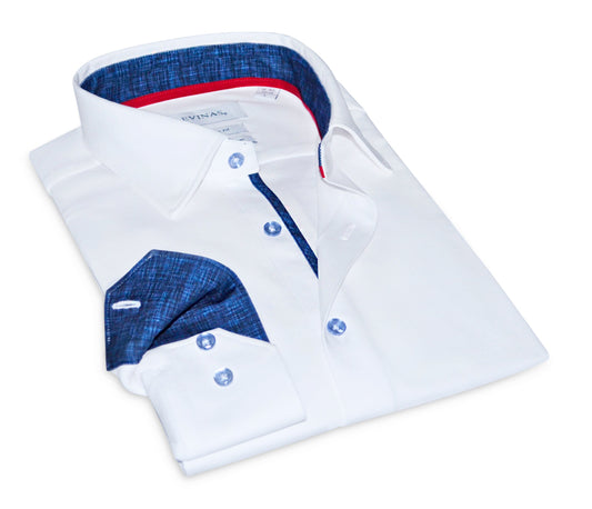 Ron// Cotton Knit-Stretch Button-Up Shirt With Contrast Details // White // Tailored Fit (Fitted)